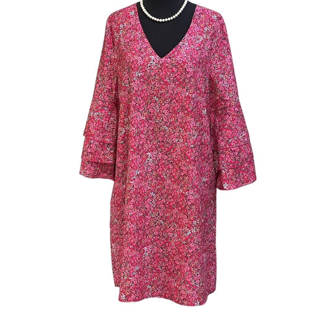 NoraCora Pink Floral V Neck Dress Sz S Silky 3/4 Length Ruffle Sleeve Floral NWT